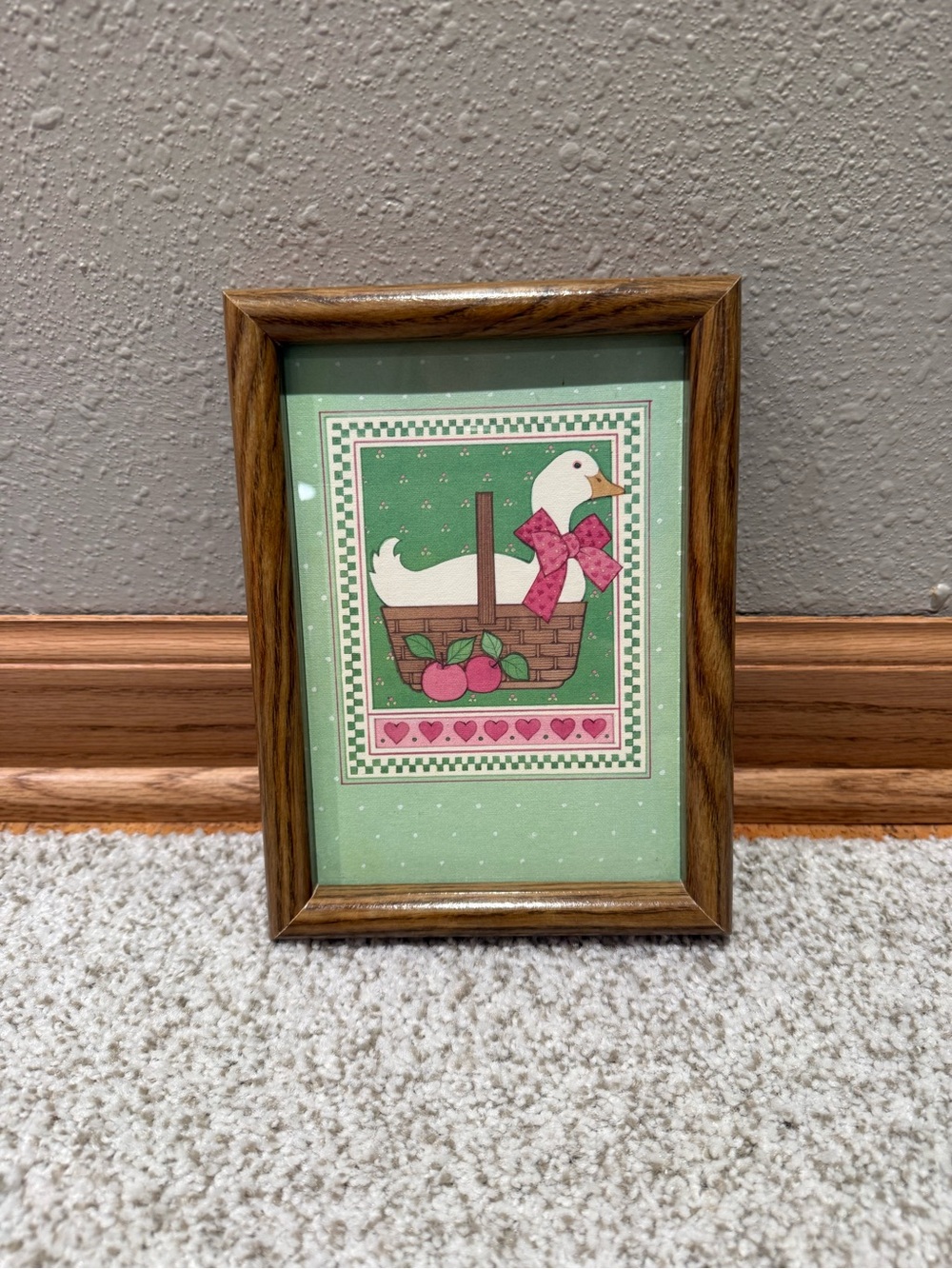Vintage 80s 90s Country Goose in Basket Framed Print Pink Green Bow Apples Oak